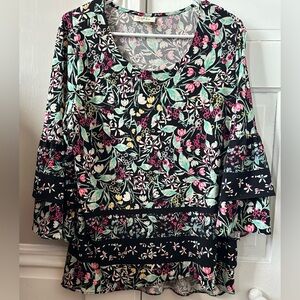 Style & Co. Black Floral Scoop Neck Blouse with Pink & Mint Accents